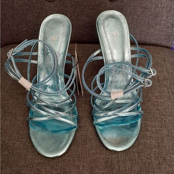 NWT Zara Metallic Blue Strappy Sandals - Picture 2 of 16